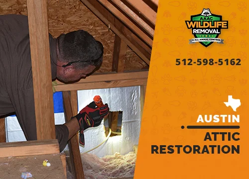 Wildlife Pest Control operator inspecting an attic in Austin before restoration